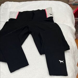 PINK Victoria's Secret Black Leggings with Gray Waistband and Pink Trim